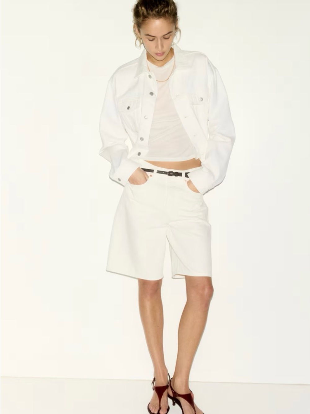 H&M White Knee-Length Bermuda Shorts with Clean Cut